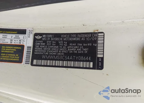 2010 Mini Cooper S z USA, uszkodzony, nr VIN WMWMS3C54ATY08644